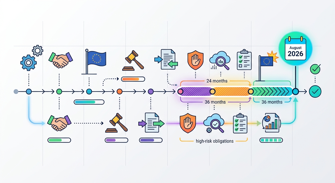 Timeline of EU AI Act milestones to August 2026 with high-risk obligations highlighted
