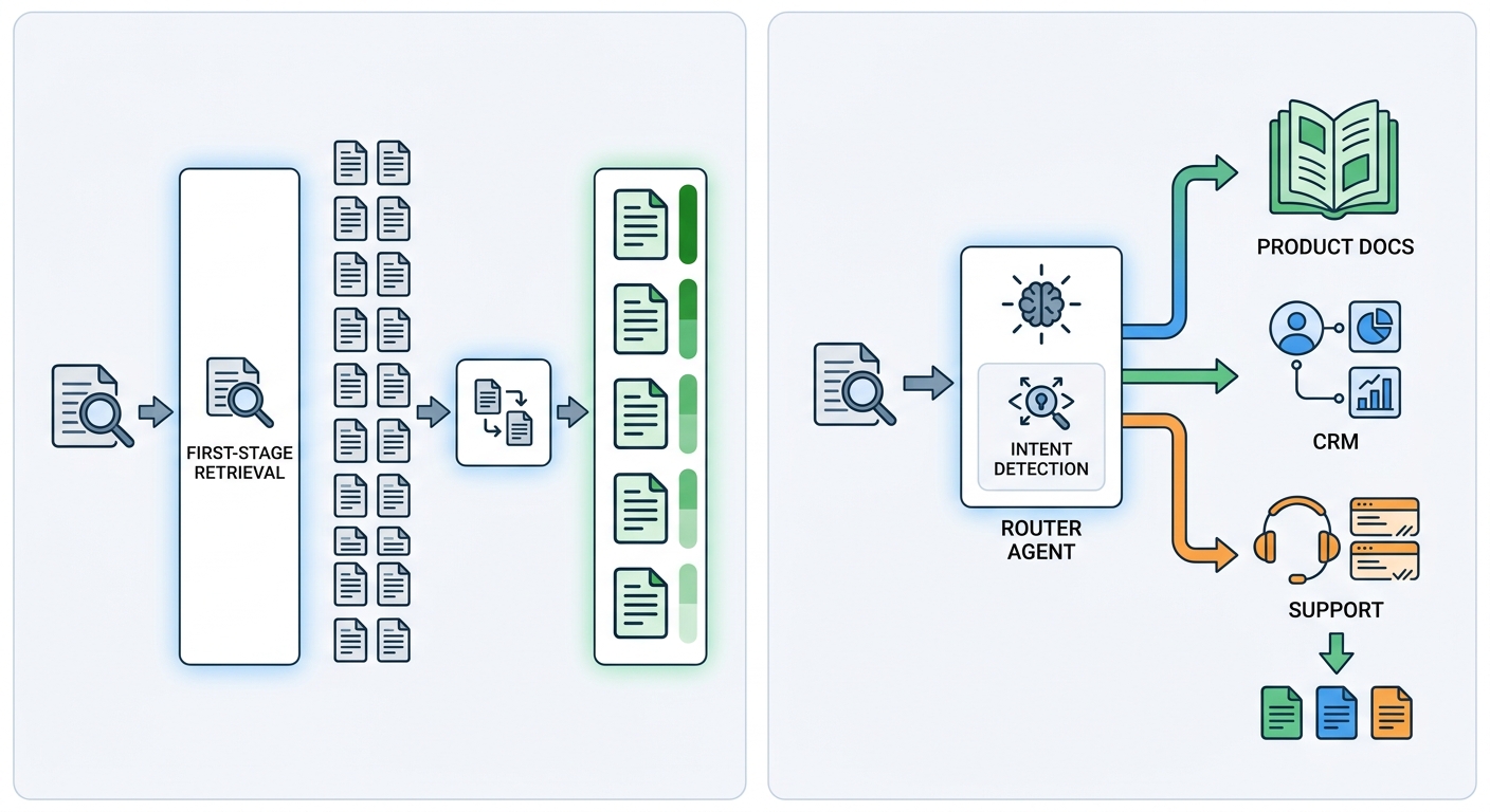 Reranking and routing flow: cross-encoder narrows twenty candidates to five; router agent dispatches query to one of three source-specific agents