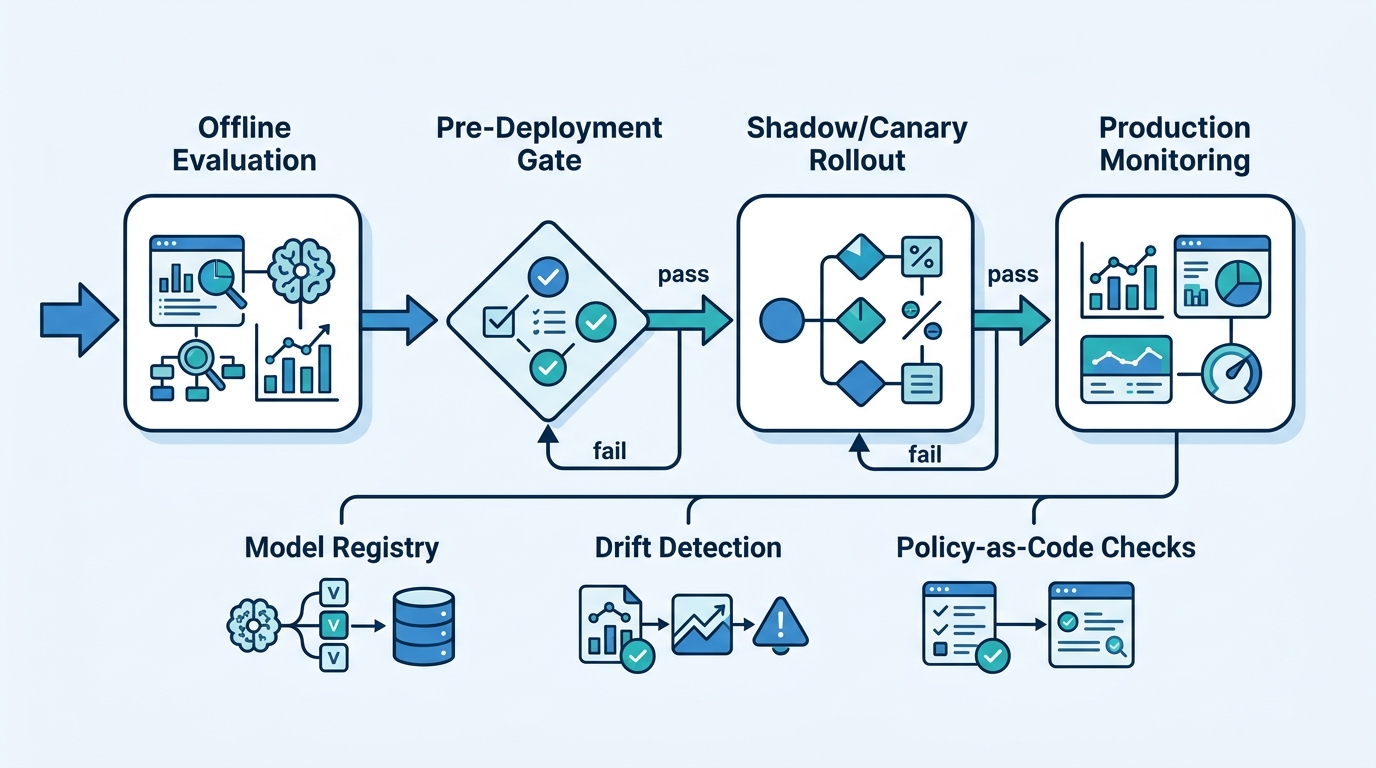 Model governance pipeline: offline evaluation, pre-deployment gate, shadow canary rollout, and production monitoring with drift and policy checks