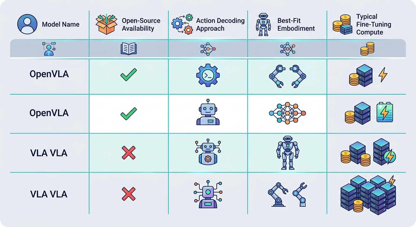 Comparison table of VLA models across open-source availability, action decoding, embodiment fit, and fine-tuning compute