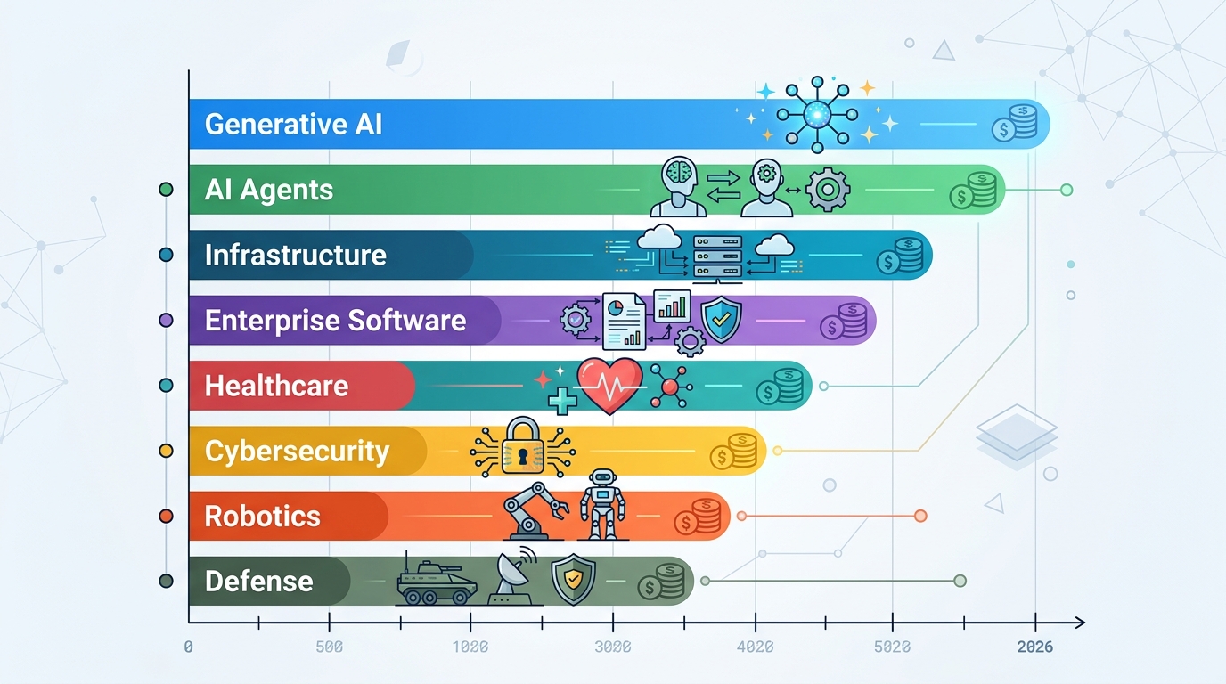 Line chart showing AI funding trajectory 2021–2026, marking 
