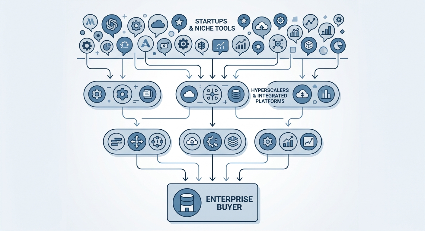 Vendor consolidation schematic: startups and niche tools converging into hyperscalers and integrated platforms serving the enterprise buyer