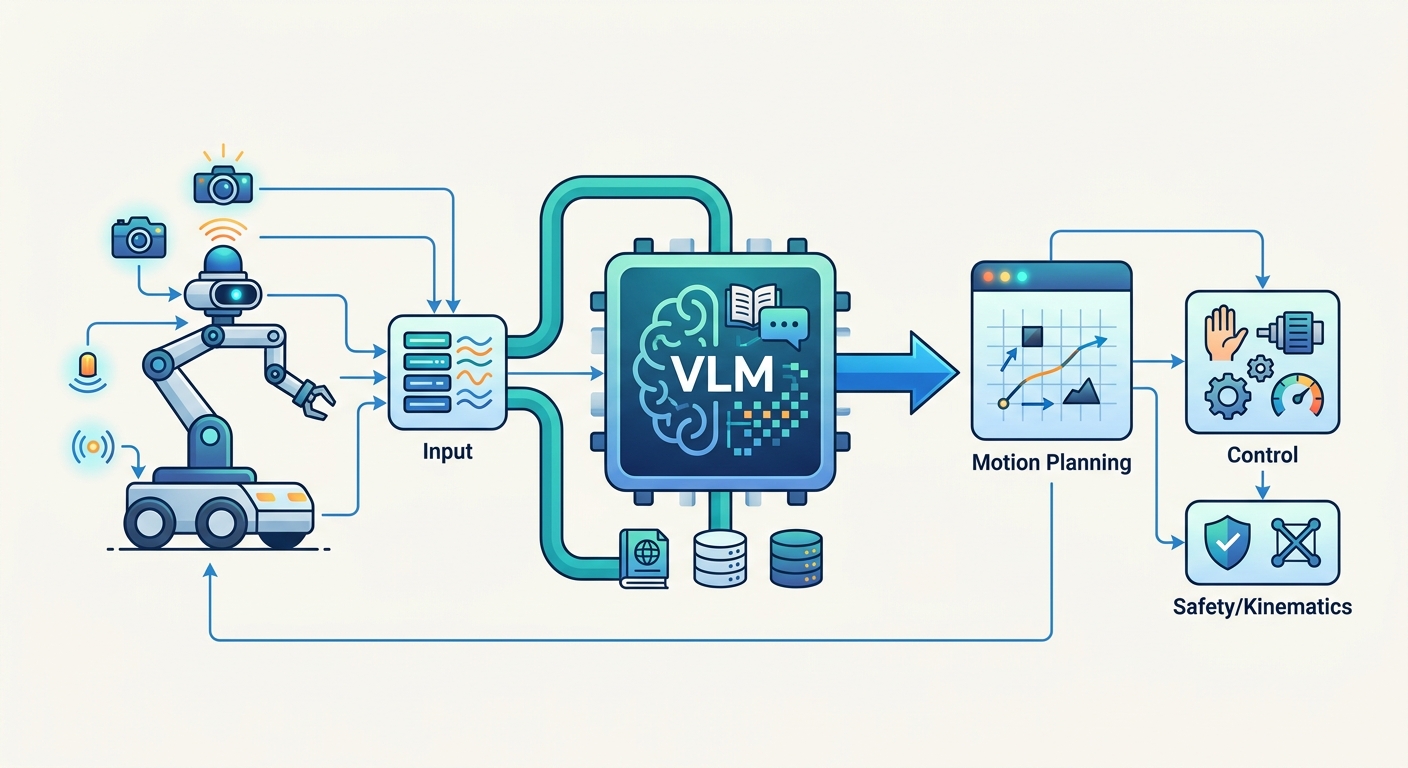Architecture diagram showing a robot with camera/sensor inputs connecting to a VLM processing layer, then to robot motion planning and control systems