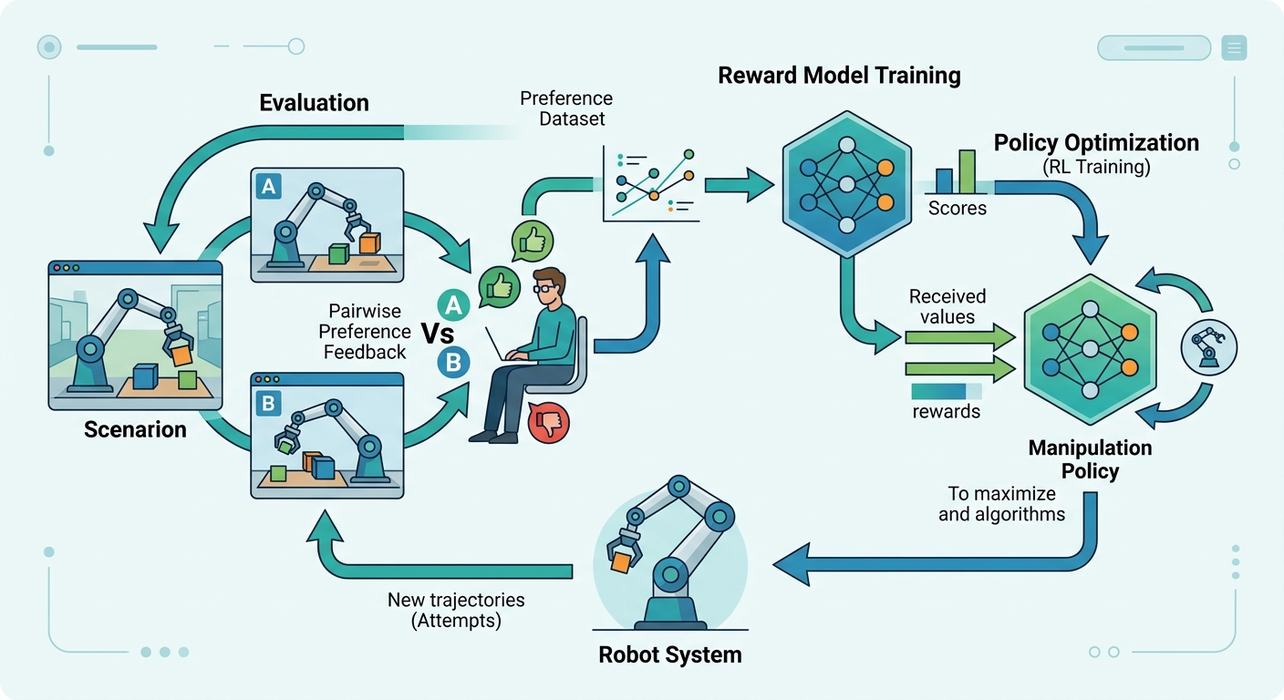 RLHF pipeline diagram: human observer watching a robot arm attempt a task, providing pairwise preference feedback, which feeds into a reward model that guides RL training of the manipulation policy