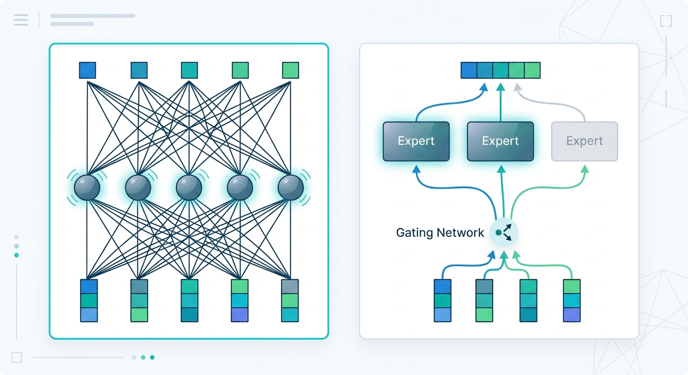 Dense vs MoE token activation: dense model activates all parameters for each token; MoE model routes each token to only 2 of 8 experts, skipping the rest