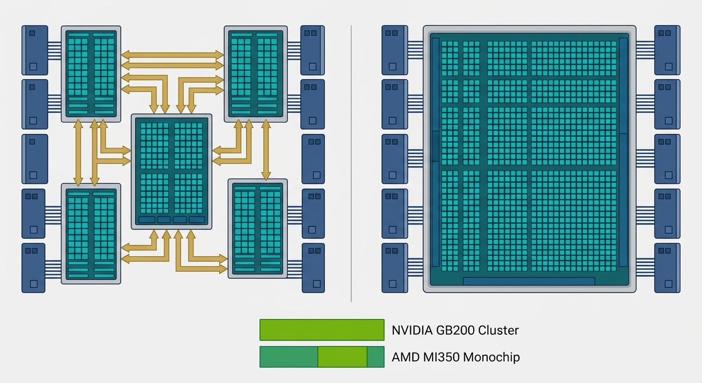 Side-by-side architectural block diagram comparing NVIDIA GB200 multi-die design with two compute dies connected via NVLink, and AMD MI350 monochip design, with labeled HBM memory stacks and compute core regions