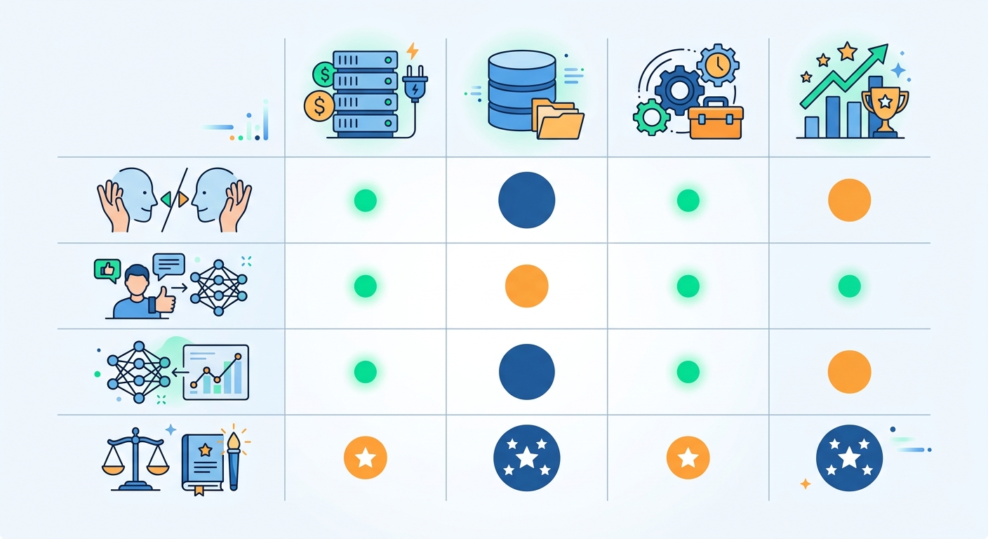 Comparison table of DPO, RLHF, GRPO, and Constitutional AI across compute cost, dataset requirement, implementation complexity, and final quality