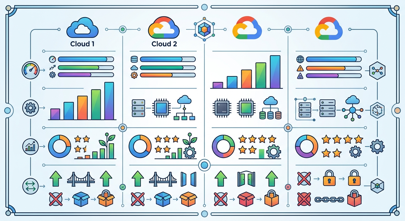 Comparative table showing major cloud providers' custom silicon offerings, including performance metrics, ecosystem maturity ratings, and portability scores
