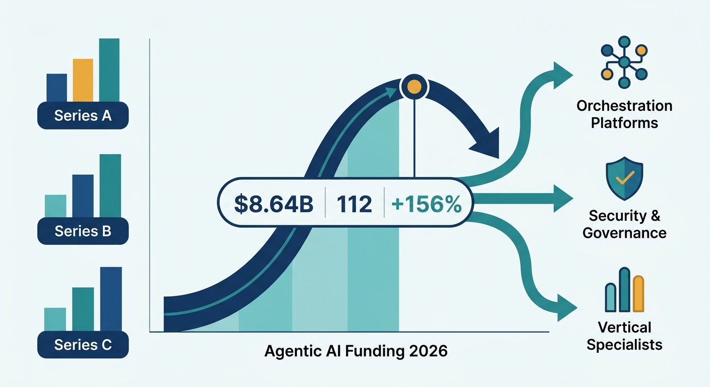Diagram of the 2026 agentic AI capital supercycle: $8.64B across 112 rounds flowing into orchestration platforms, security and governance, and vertical specialists.