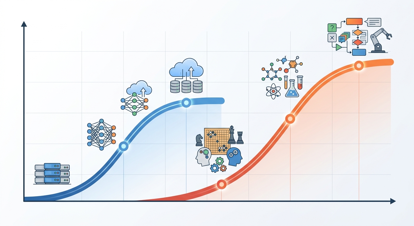 Pre-training scaling vs. post-training/inference-time scaling maturity curves