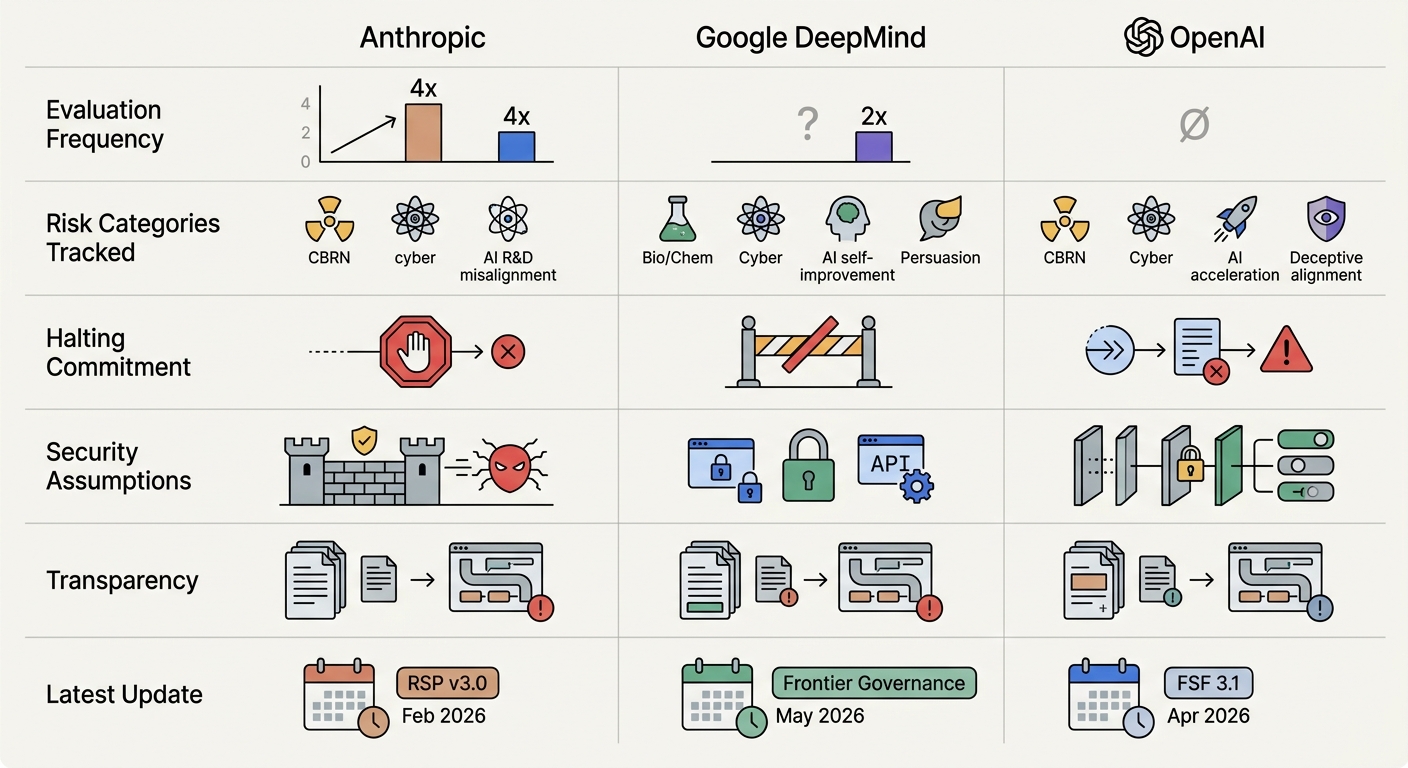 Comparison table showing Anthropic RSP vs Google DeepMind FSF vs OpenAI Preparedness Framework across 6 key dimensions
