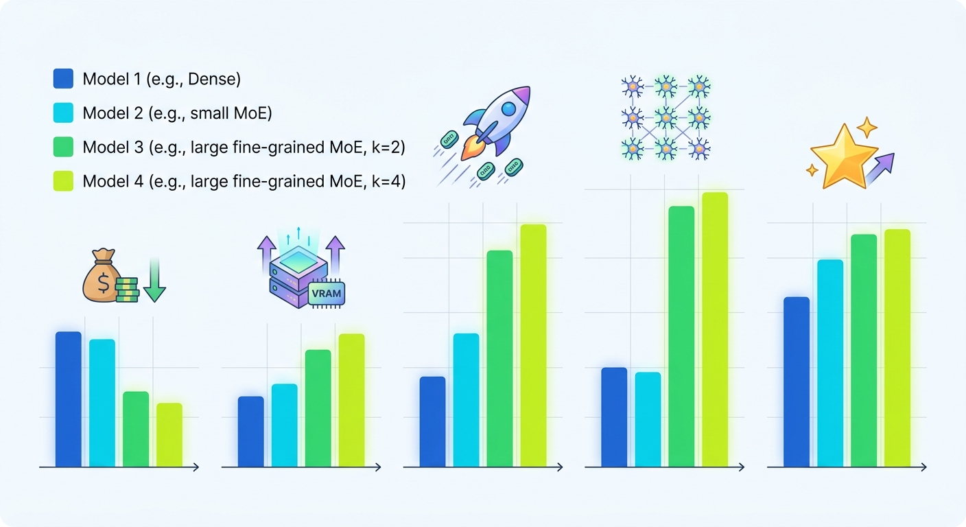 MoE model comparison bar chart across cost, VRAM, throughput, utilization, and quality