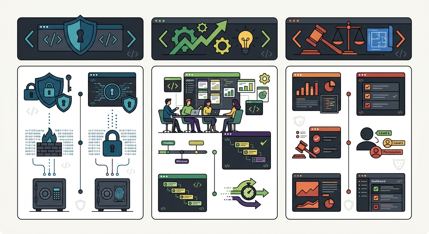 Hero concept — Three-tool versus card layout with enterprise pillars (security, productivity, governance). Clean, professional, dark-mode-friendly. Flat illustration with code-bracket motifs and shield icons.
