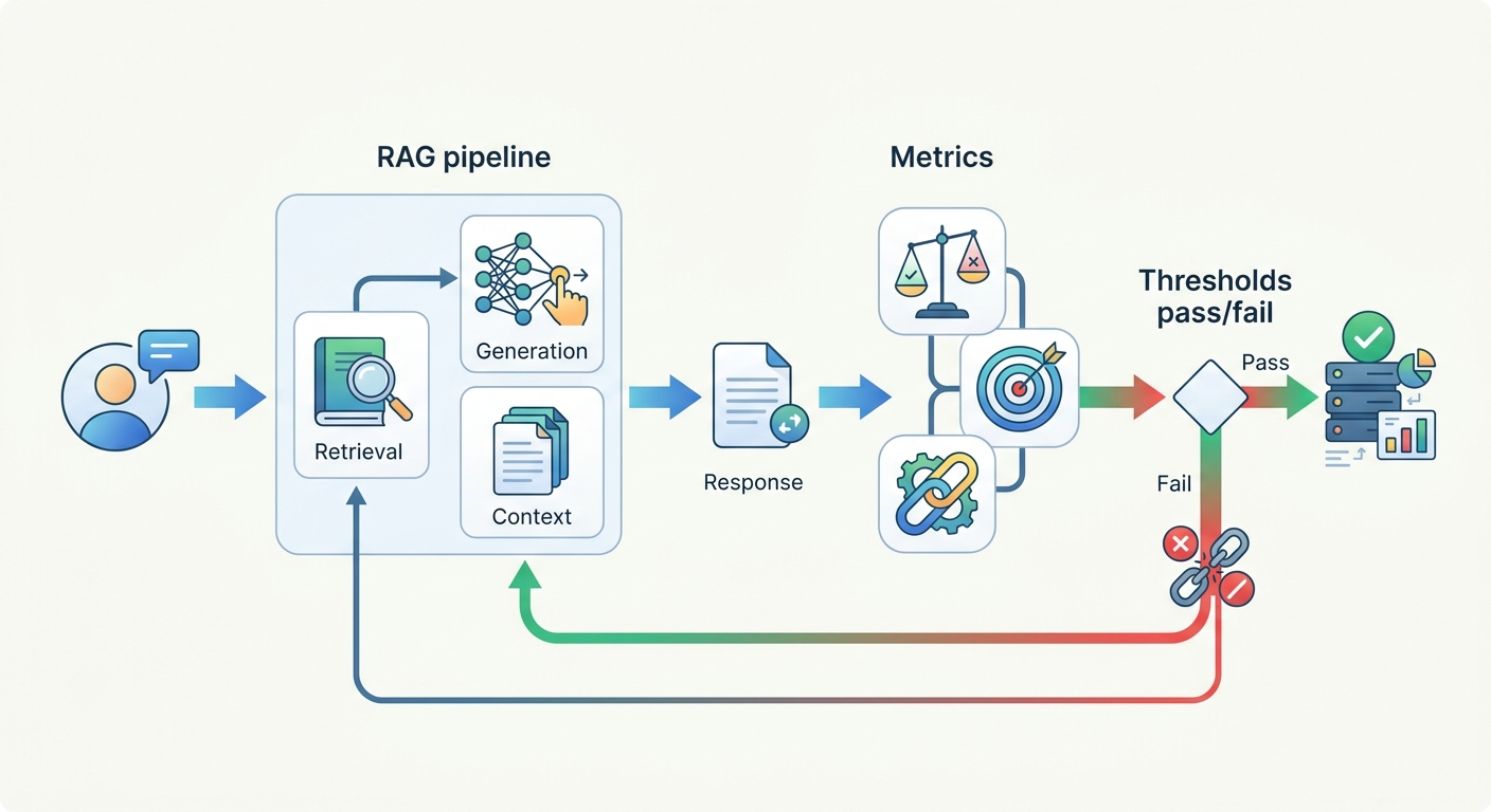 A diagram showing the RAG evaluation loop: Query → RAG pipeline → Response → Metrics: Faithfulness, Context Precision, Answer Relevancy → Thresholds pass/fail → Feedback to retrieval or generation components.