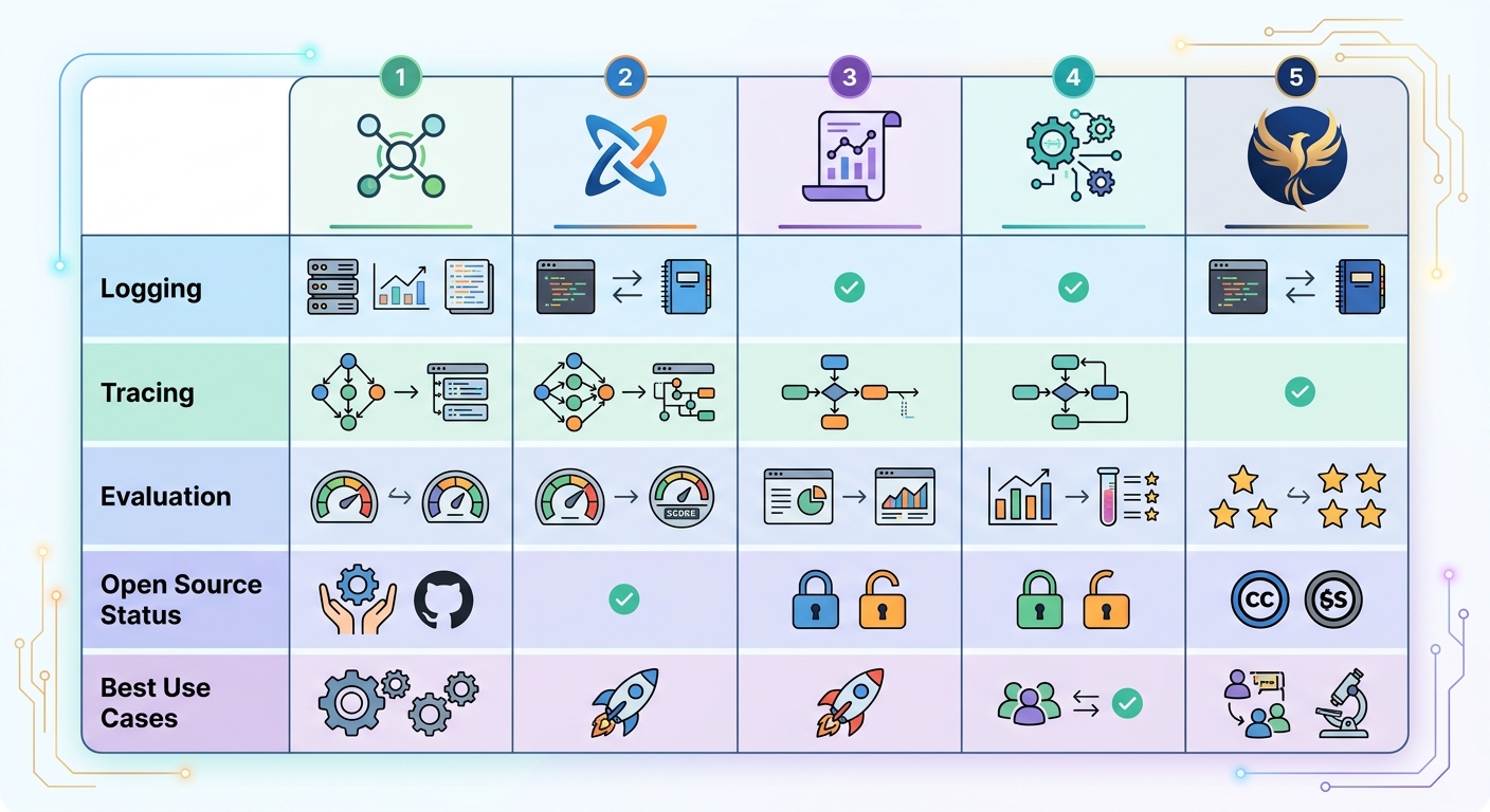 Comparison table of five LLM observability platforms