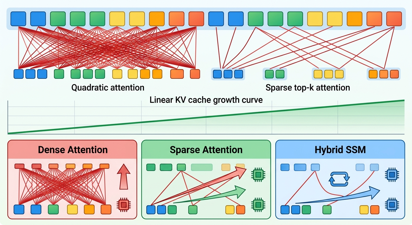 Architecture diagram of long-context LLM scaling: quadratic dense attention, sparse top-K attention, and linear KV cache growth compared against hybrid SSM