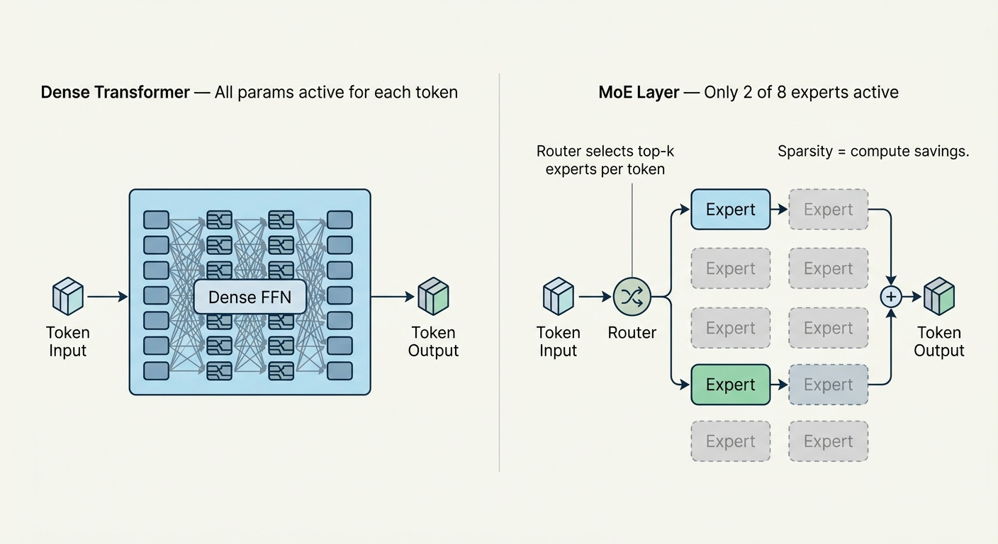 Dense transformer FFN layer vs sparse MoE layer comparison