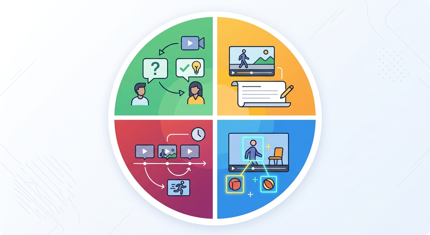 Diagram of the four skills a video understanding benchmark measures: video QA, captioning, spatial grounding, and temporal reasoning.