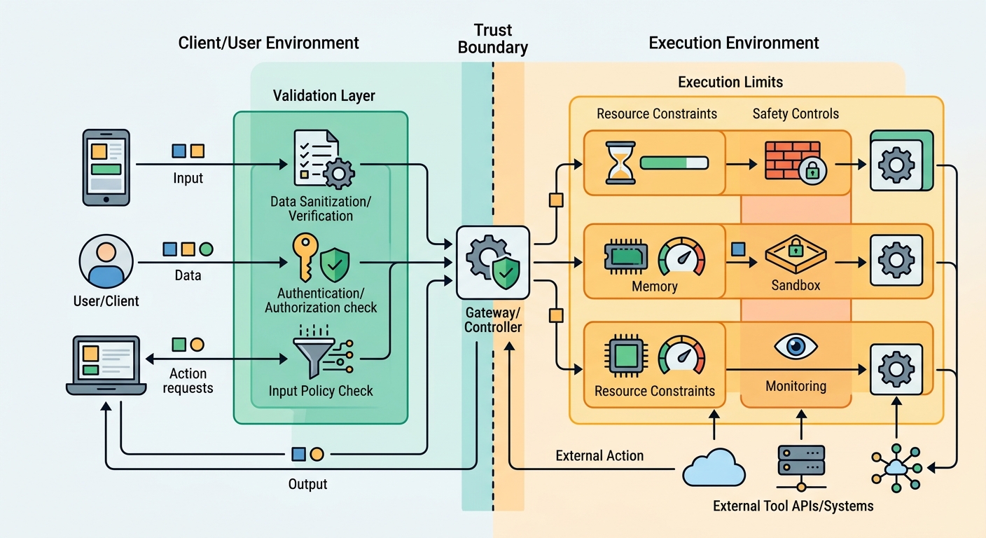 Tool use architecture showing validation layer, execution limits, and trust boundaries