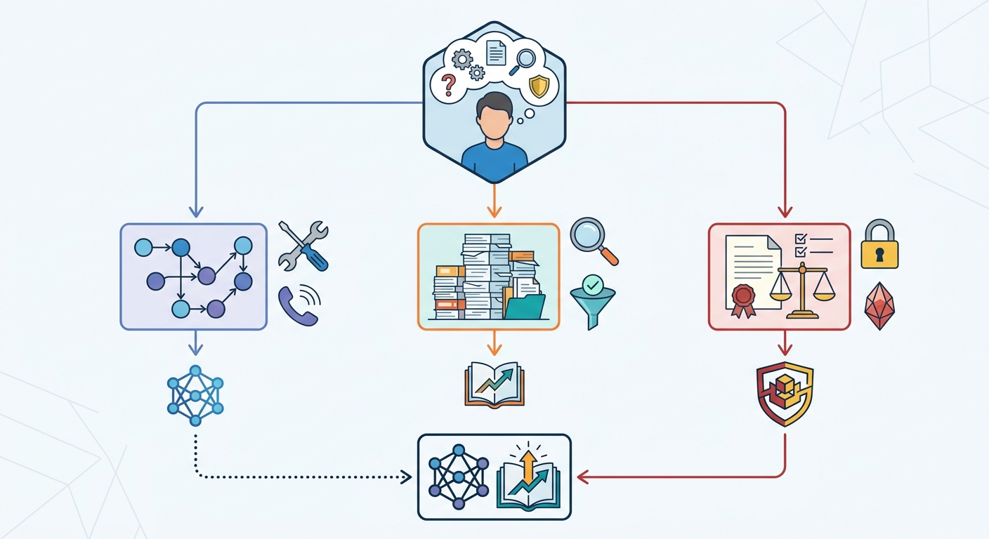 Decision flowchart starting with "What is your primary challenge?" with three branches — Agent orchestration + tool calling → LangGraph; Large document corpus + retrieval quality → LlamaIndex; Compliance + auditability + type safety → Haystack 2.0 — ending with "Or consider hybrid: LlamaIndex + LangGraph"