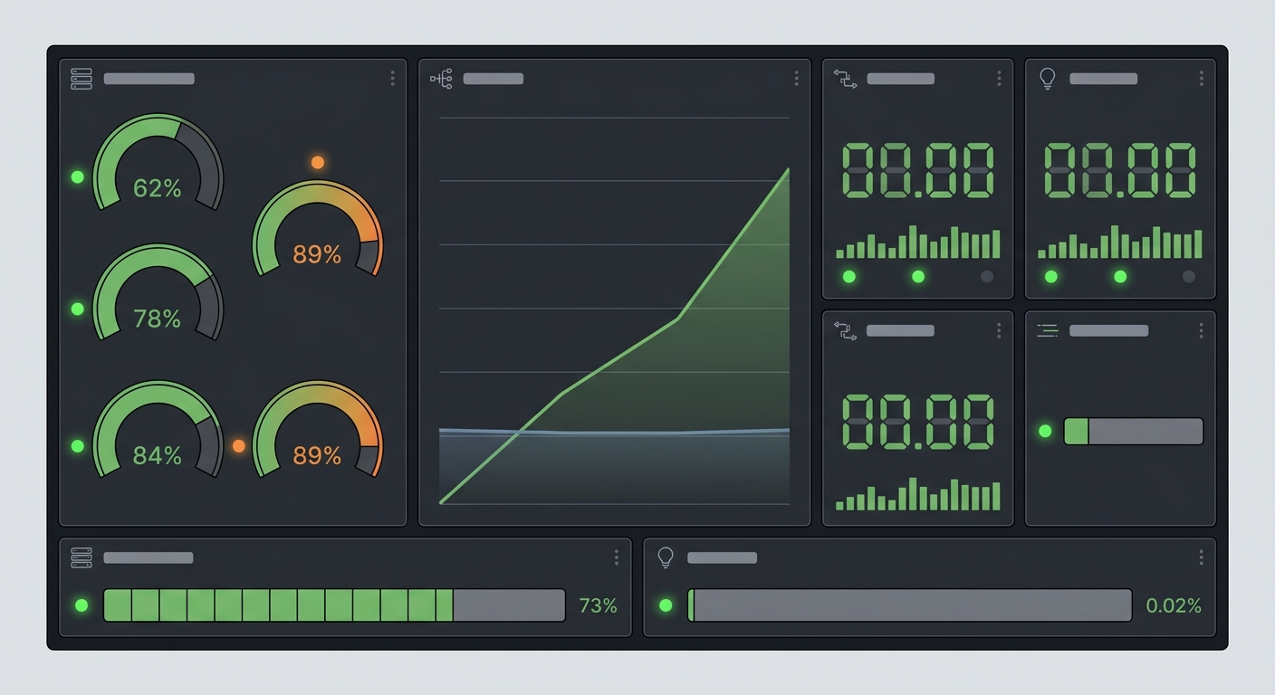 Grafana dashboard showing AI infrastructure metrics: GPU utilization, query volume, p95 latency, token throughput, and cache hit rate under 10x load