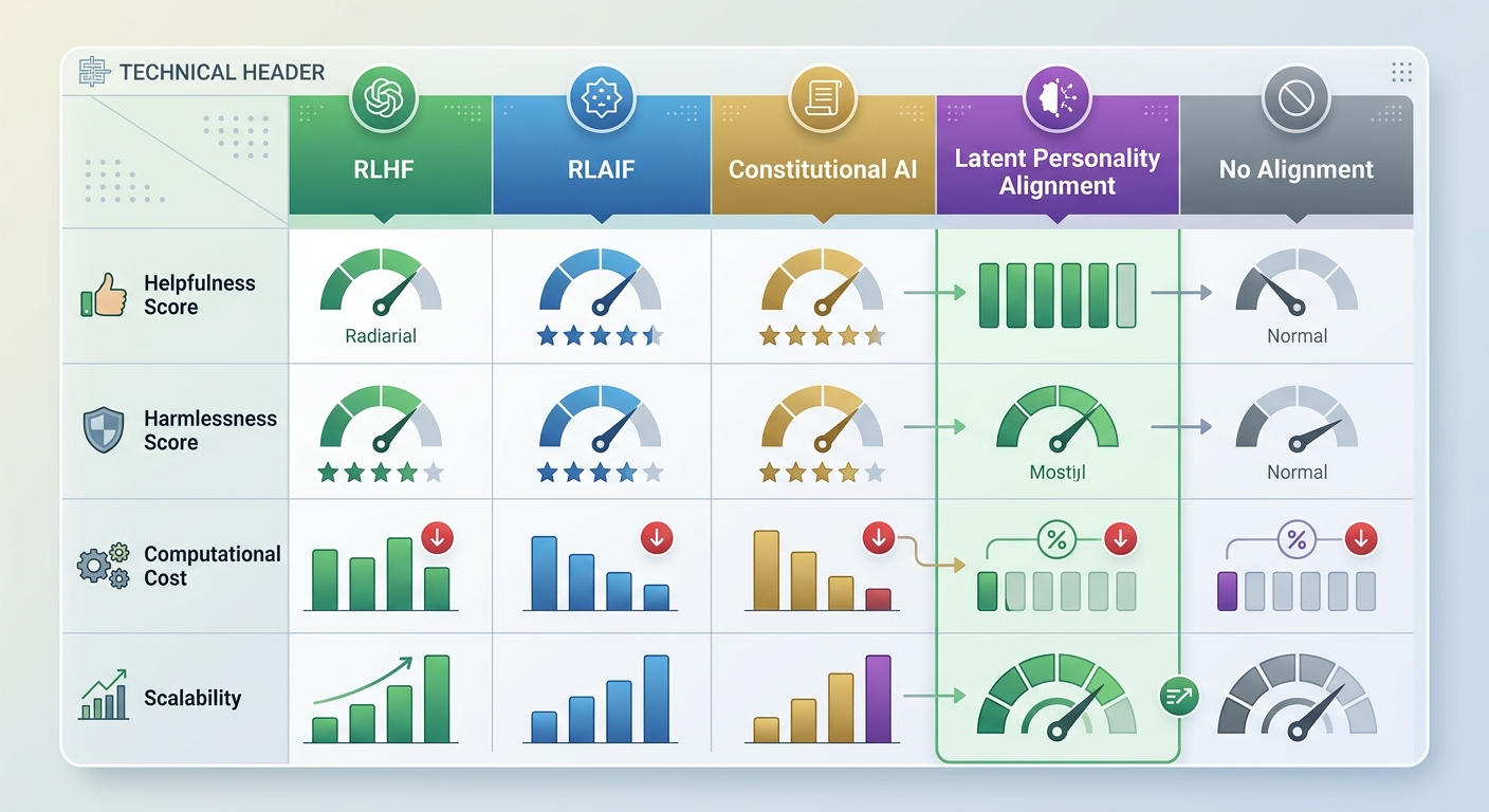 Comparison table of 5 LLM alignment techniques across helpfulness, harmlessness, cost, and scalability