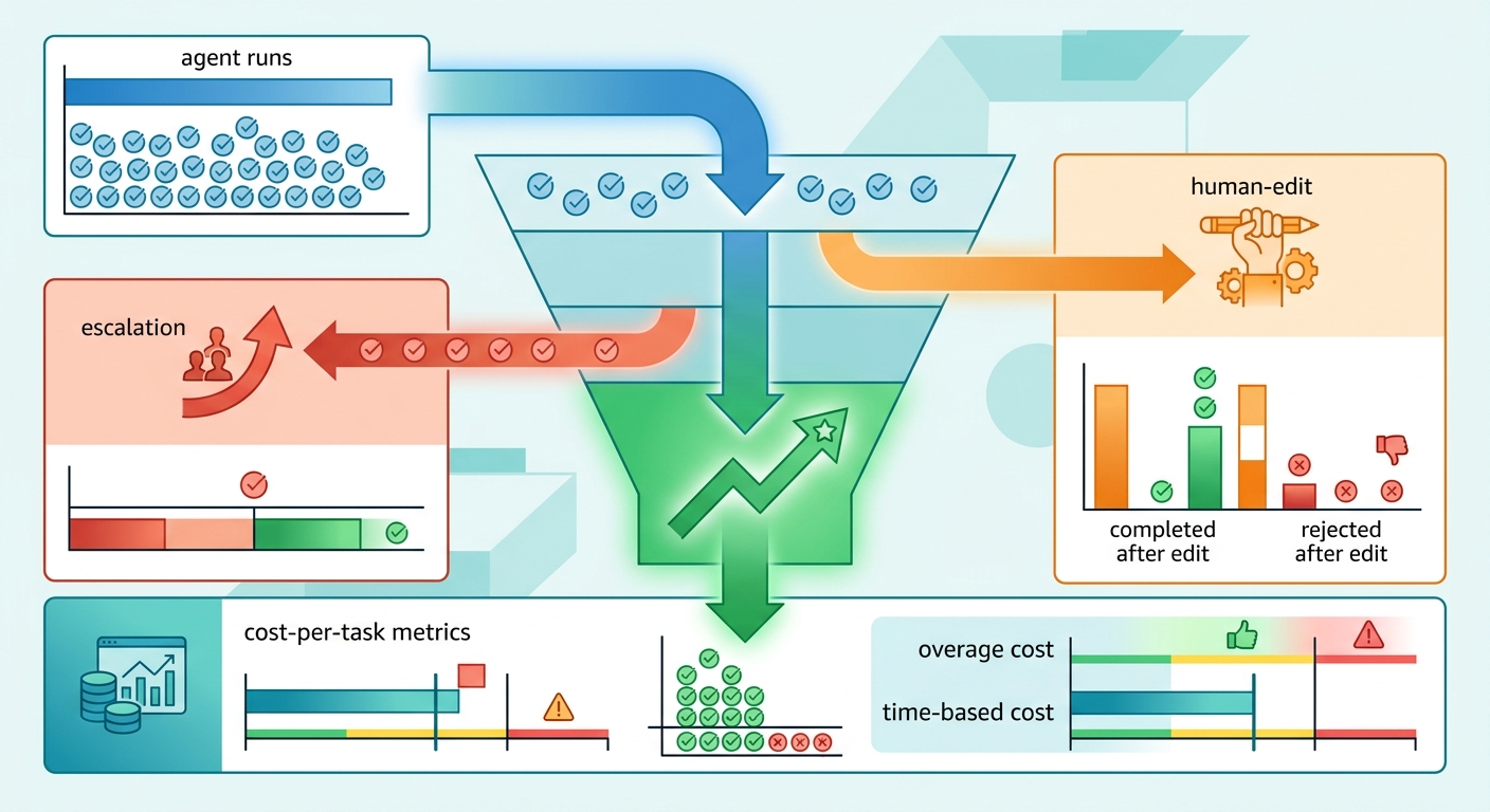 Agent evaluation funnel: agent runs flowing through completion, human-edit, escalation, and cost-per-task metrics with pass and fail thresholds