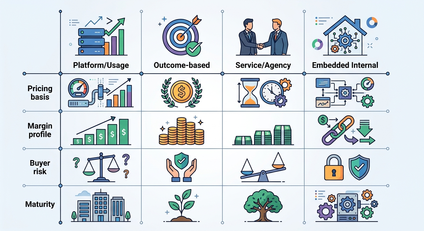 Comparison of four AI agent monetization models: platform, outcome, service, and embedded internal