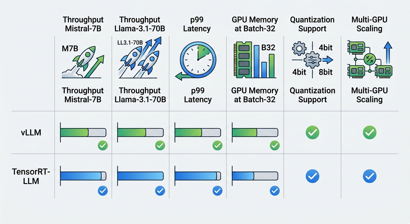 A professional comparison table diagram showing vLLM vs TensorRT-LLM across 6 key metrics in columns: Metric (Throughput Mistral-7B, Throughput Llama-3.1-70B, p99 Latency, GPU Memory at Batch-32, Quantization Support, Multi-GPU Scaling). Two rows: vLLM row labeled with checkmarks and typical values, TensorRT-LLM row labeled with checkmarks and typically higher values. Clean flat design, light gray background, blue accent for TensorRT-LLM wins, green accent for vLLM flexibility wins. No text labels inside the table — only visual indicators (bars, dots, or checkmarks) and metric names as headers.