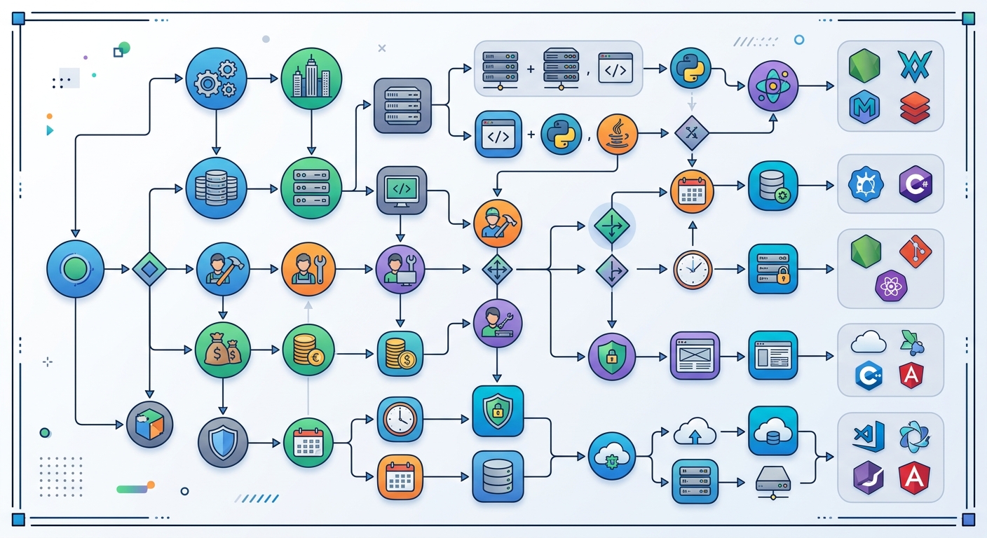Decision tree flowchart for framework selection based on enterprise requirements, existing tech stack, and team capabilities